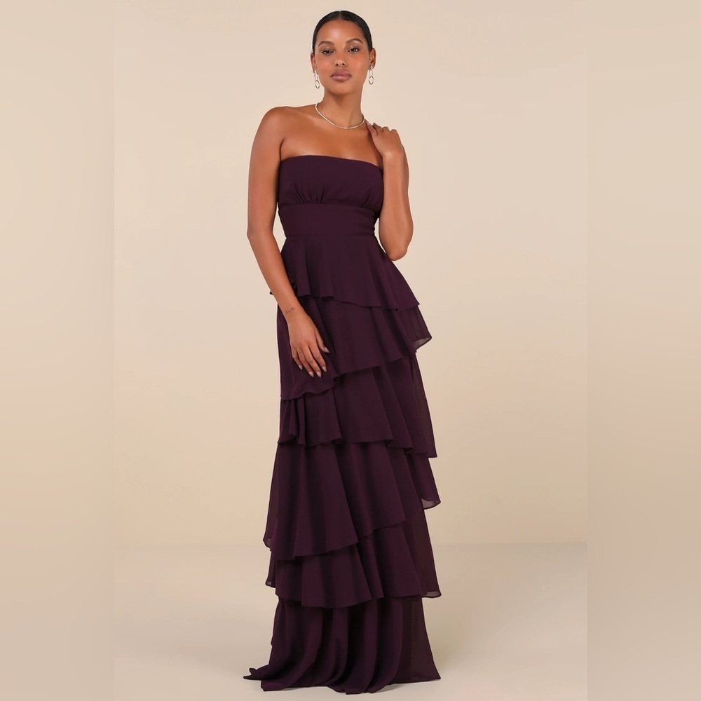 NWT Lulu's Strapless Layered Chiffon Tiered Plum Maxi Dress